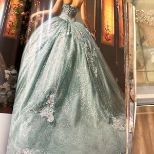 RAGAZZA Silver Strapless XV Dress with Floral Embellishments